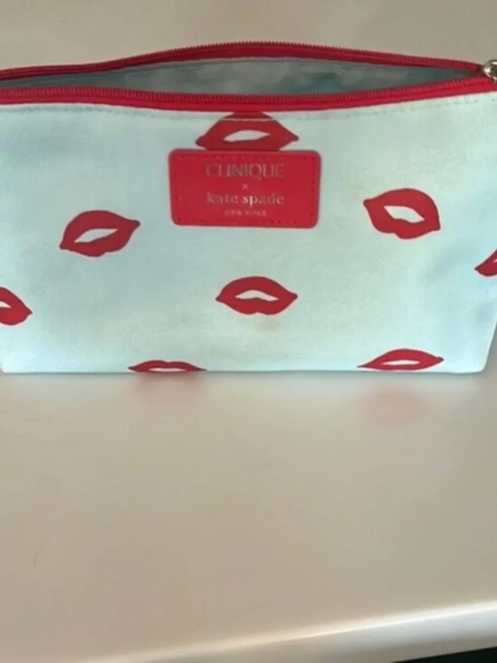 Kate Spade x Clinique Blue Red Lip Print Cosmetic Makeup Bag